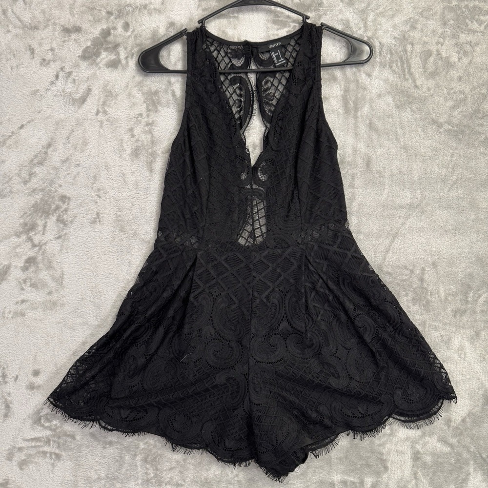 Black Sheer Lace Romper Boho Festival Overlay Sleeveless Goth Coquette Lg